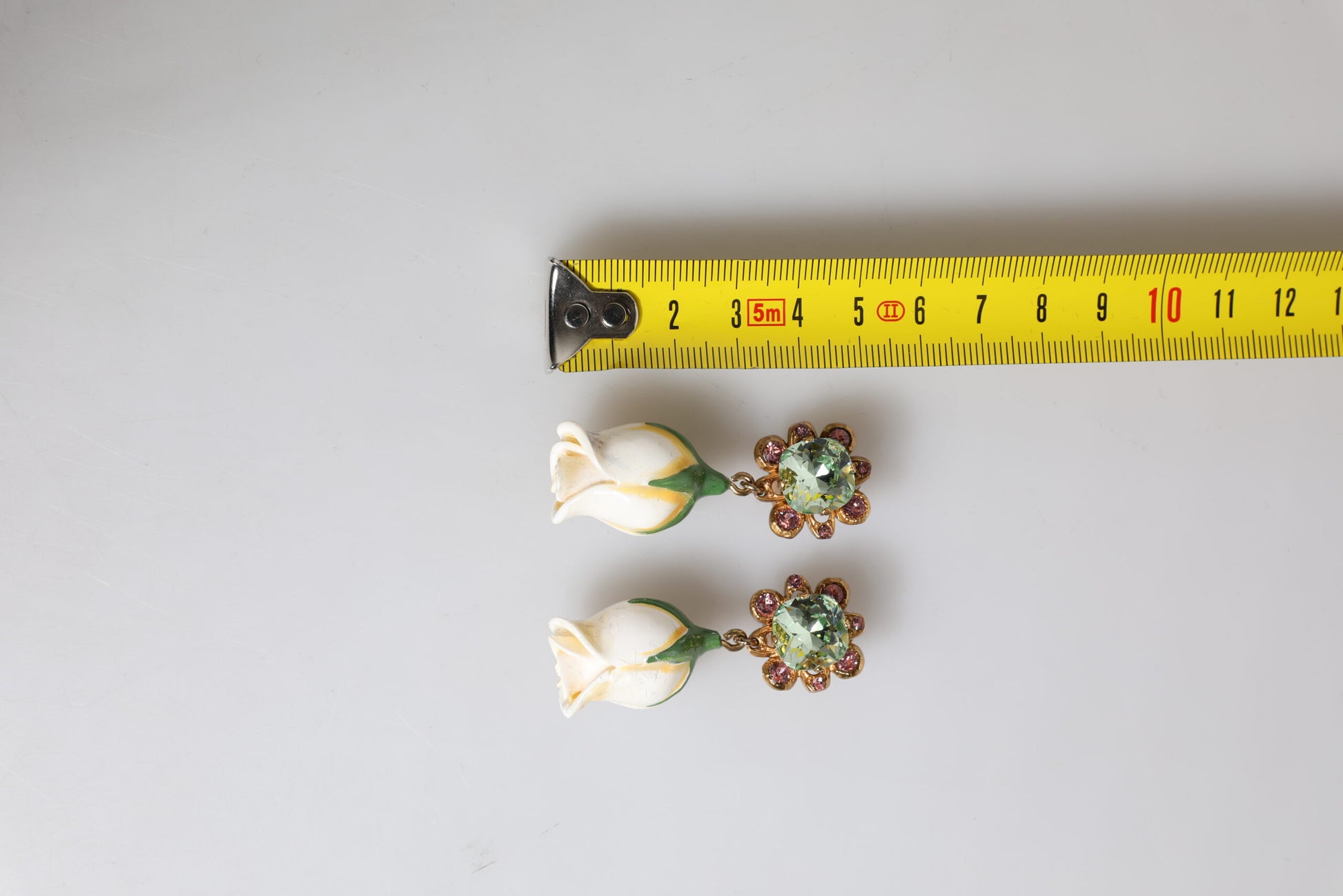 Brass White Flower Bloom Crystal Clip Dangling Earrings
