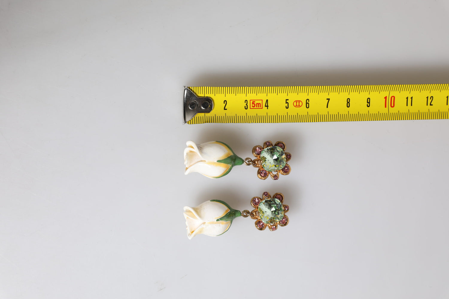 Brass White Flower Bloom Crystal Clip Dangling Earrings