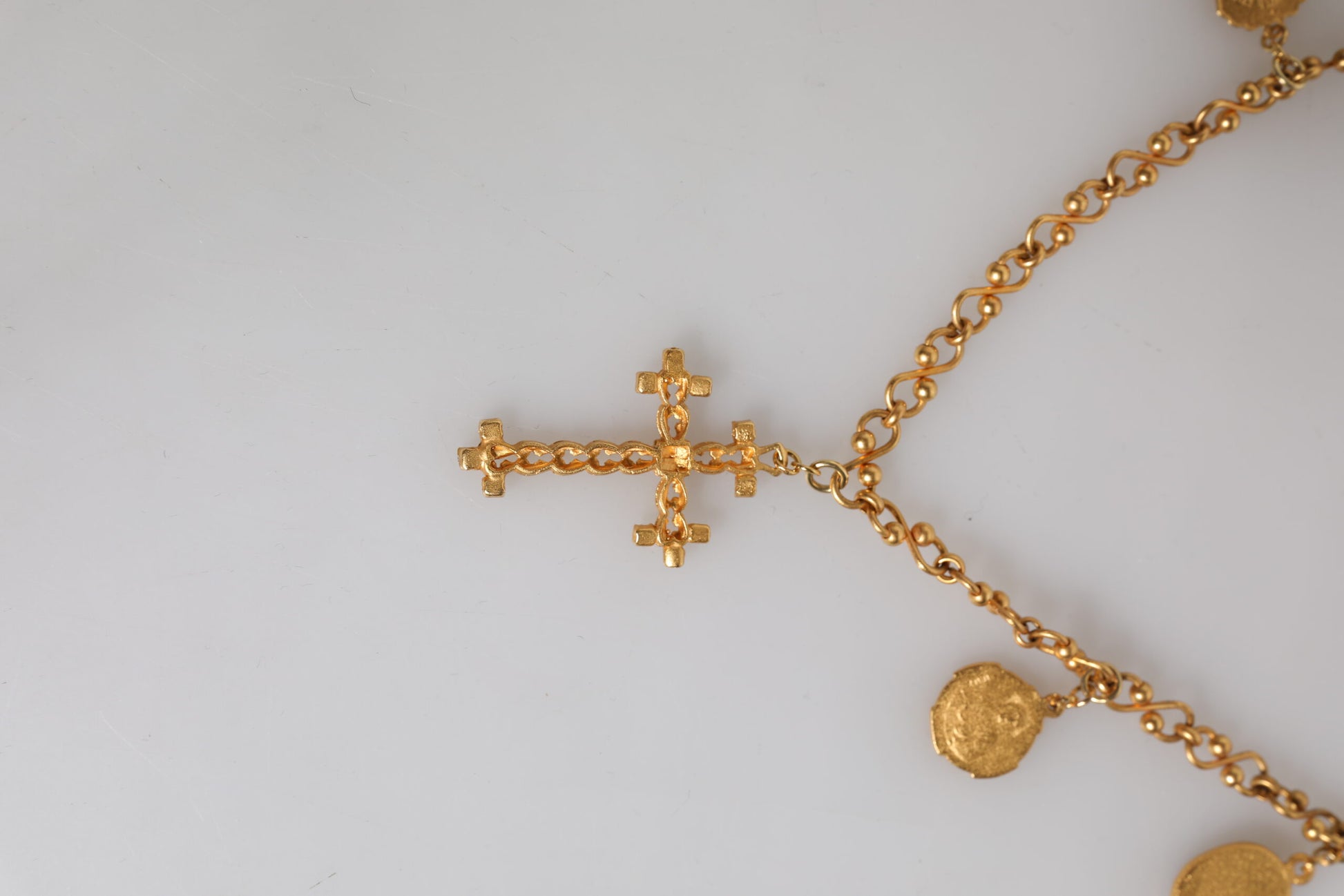 Gold Tone Brass Chain Religious Cross Pendant Necklace