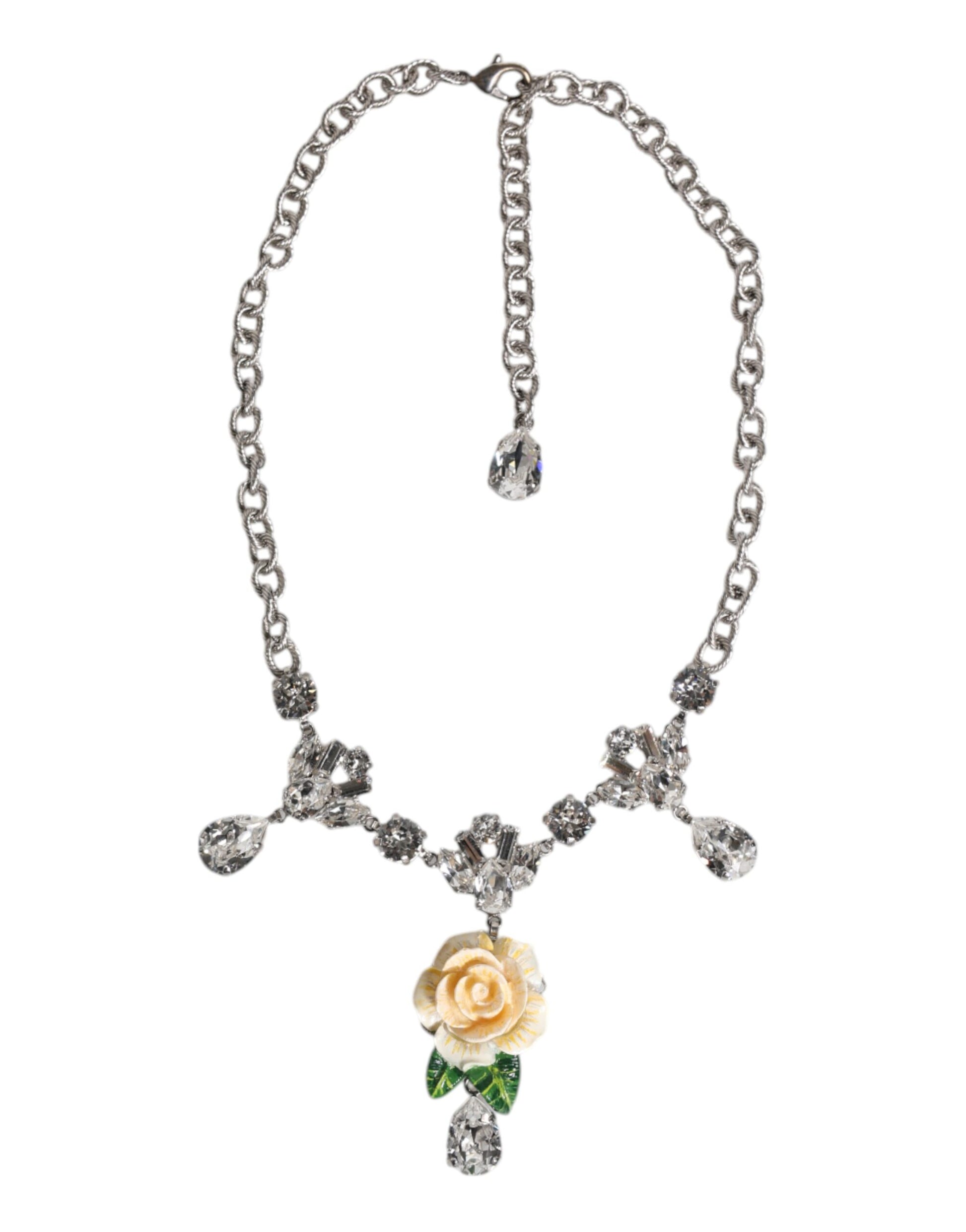 Silver Tone Brass Clear Crystal Roses Pendants Necklace