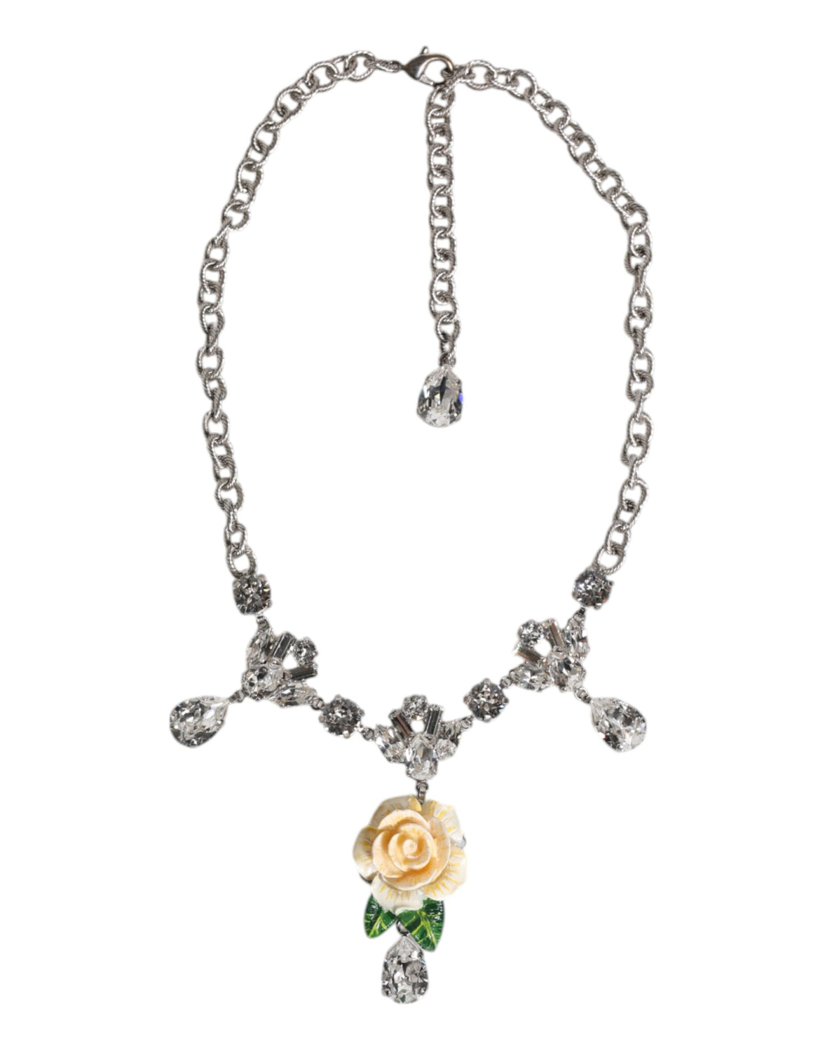 Silver Tone Brass Clear Crystal Roses Pendants Necklace
