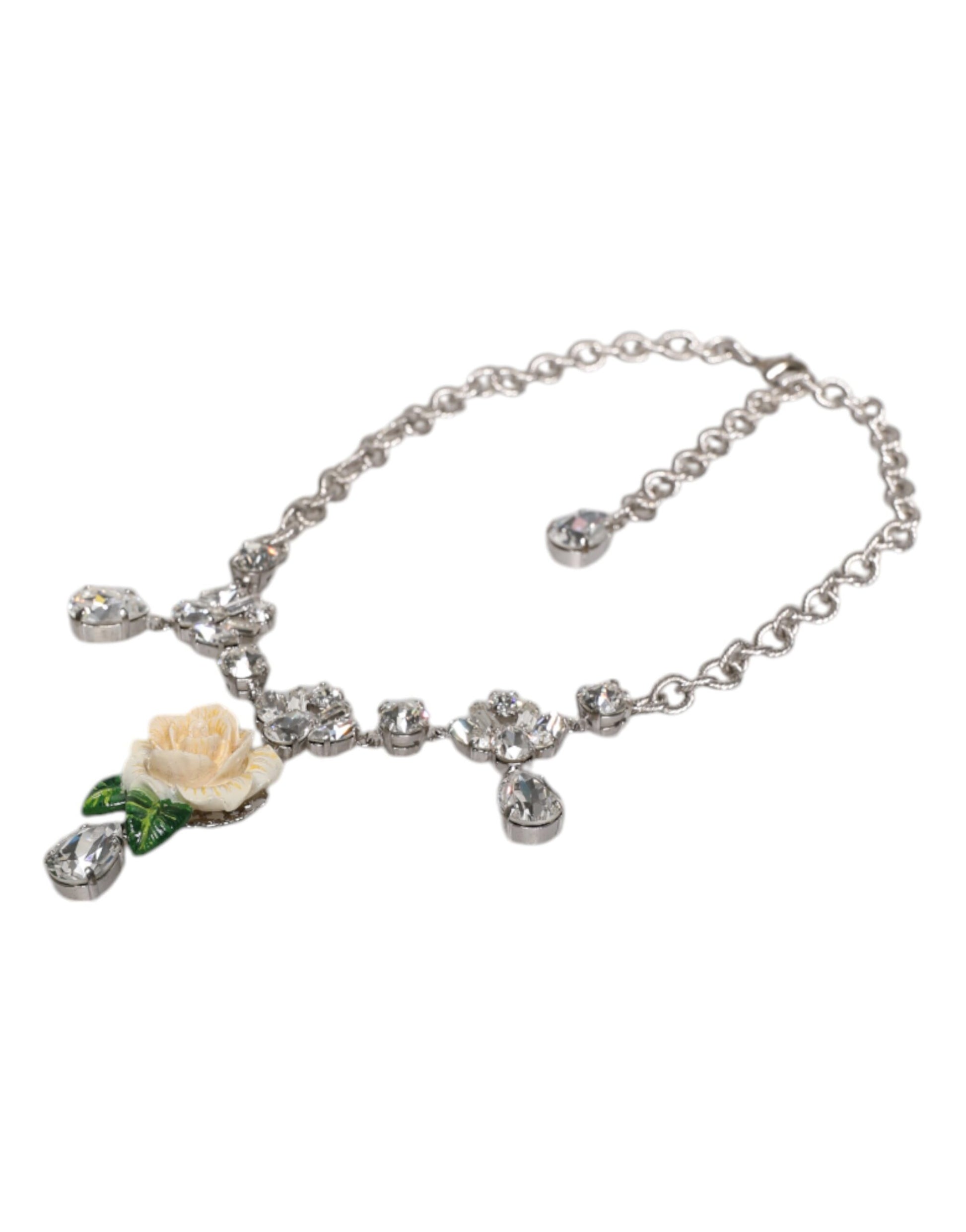 Silver Tone Brass Clear Crystal Roses Pendants Necklace