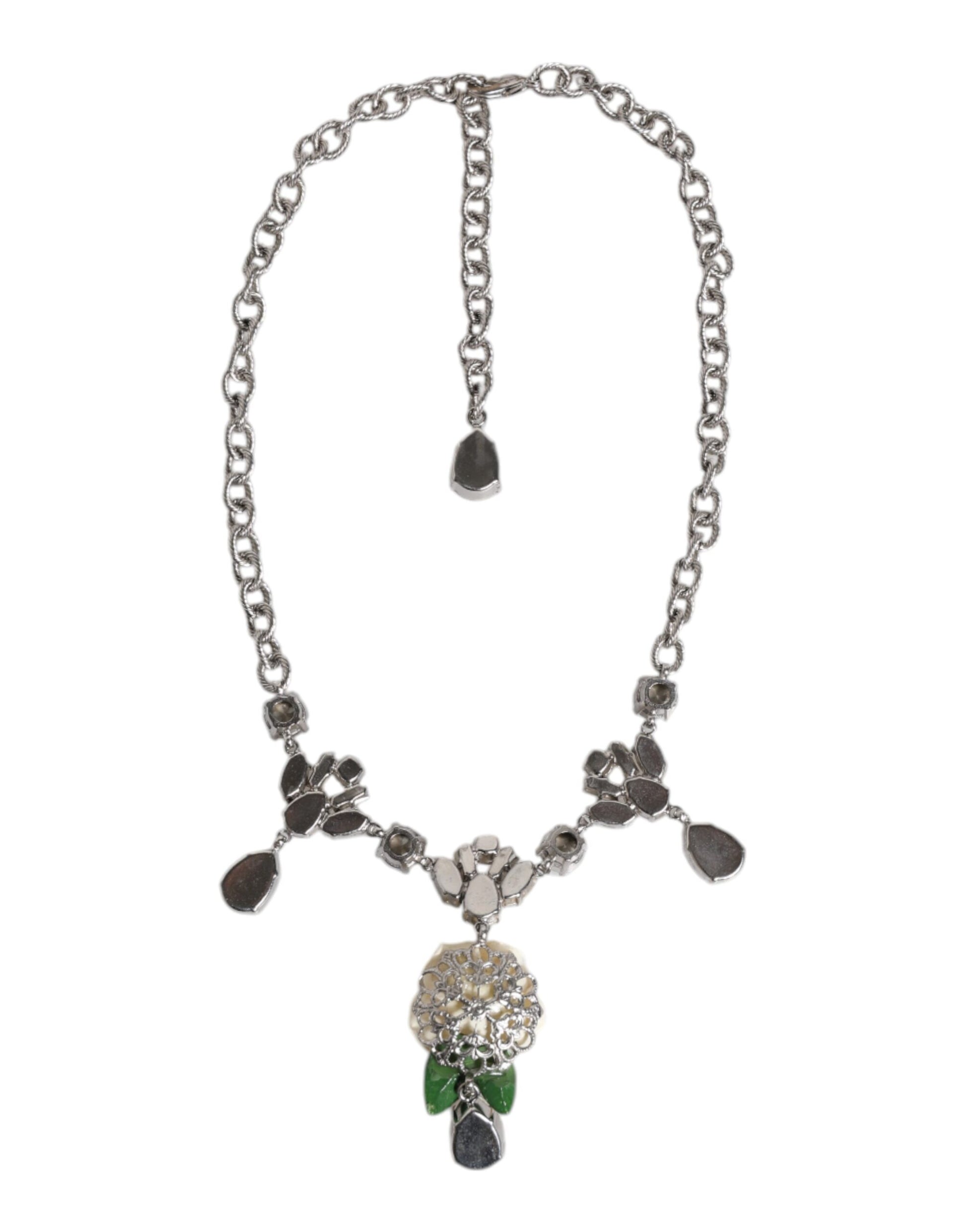 Silver Tone Brass Clear Crystal Roses Pendants Necklace
