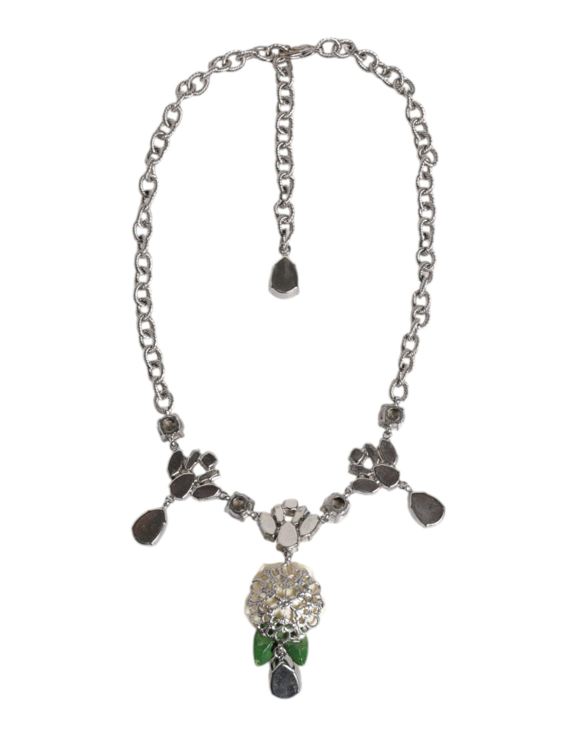 Silver Tone Brass Clear Crystal Roses Pendants Necklace