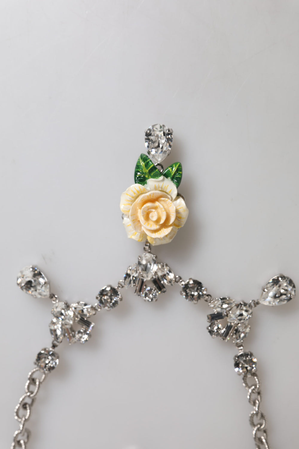 Silver Tone Brass Clear Crystal Roses Pendants Necklace