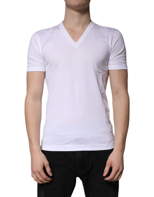 White Cotton V-neck Short Sleeves T-shirt
