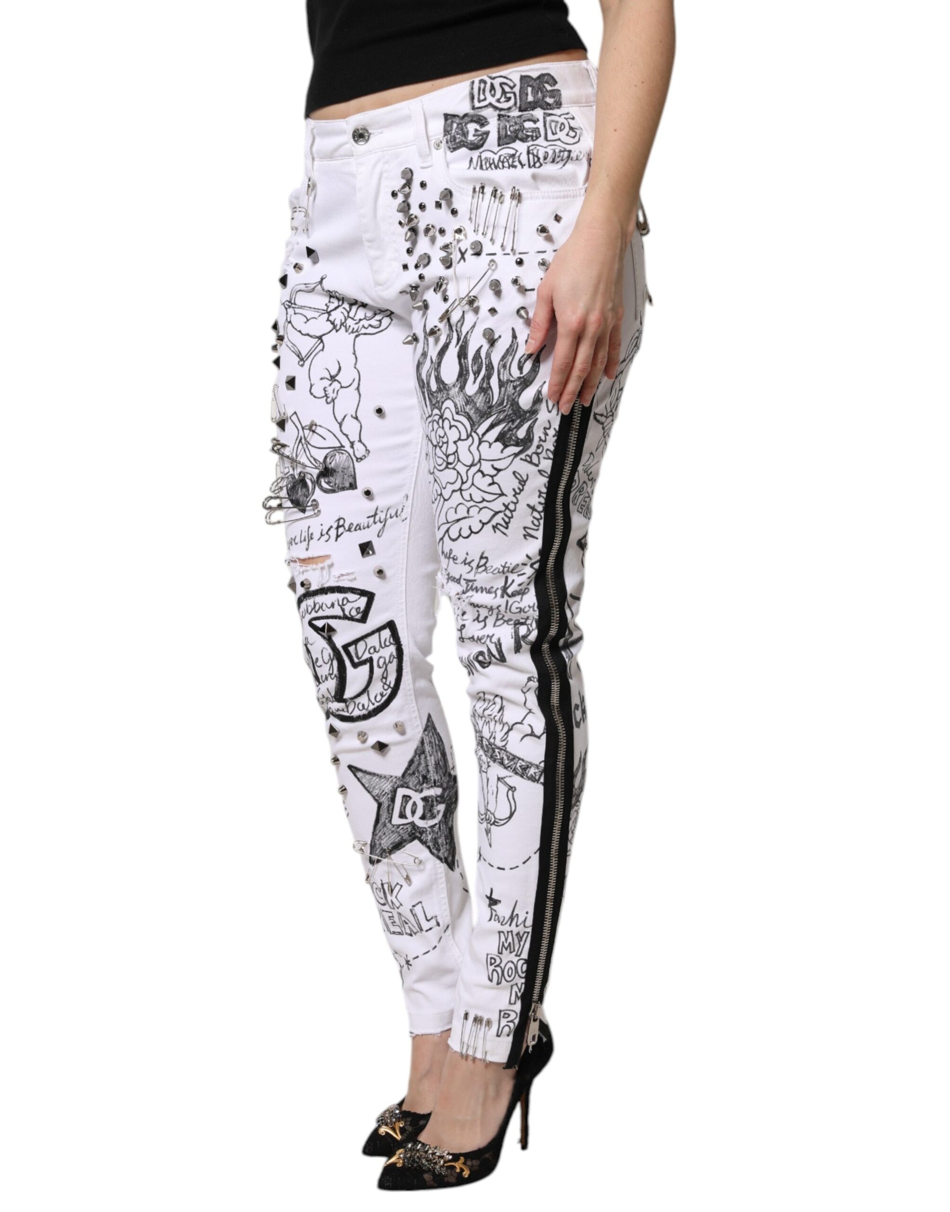 White Printed Embellished Skinny Denim Jeans