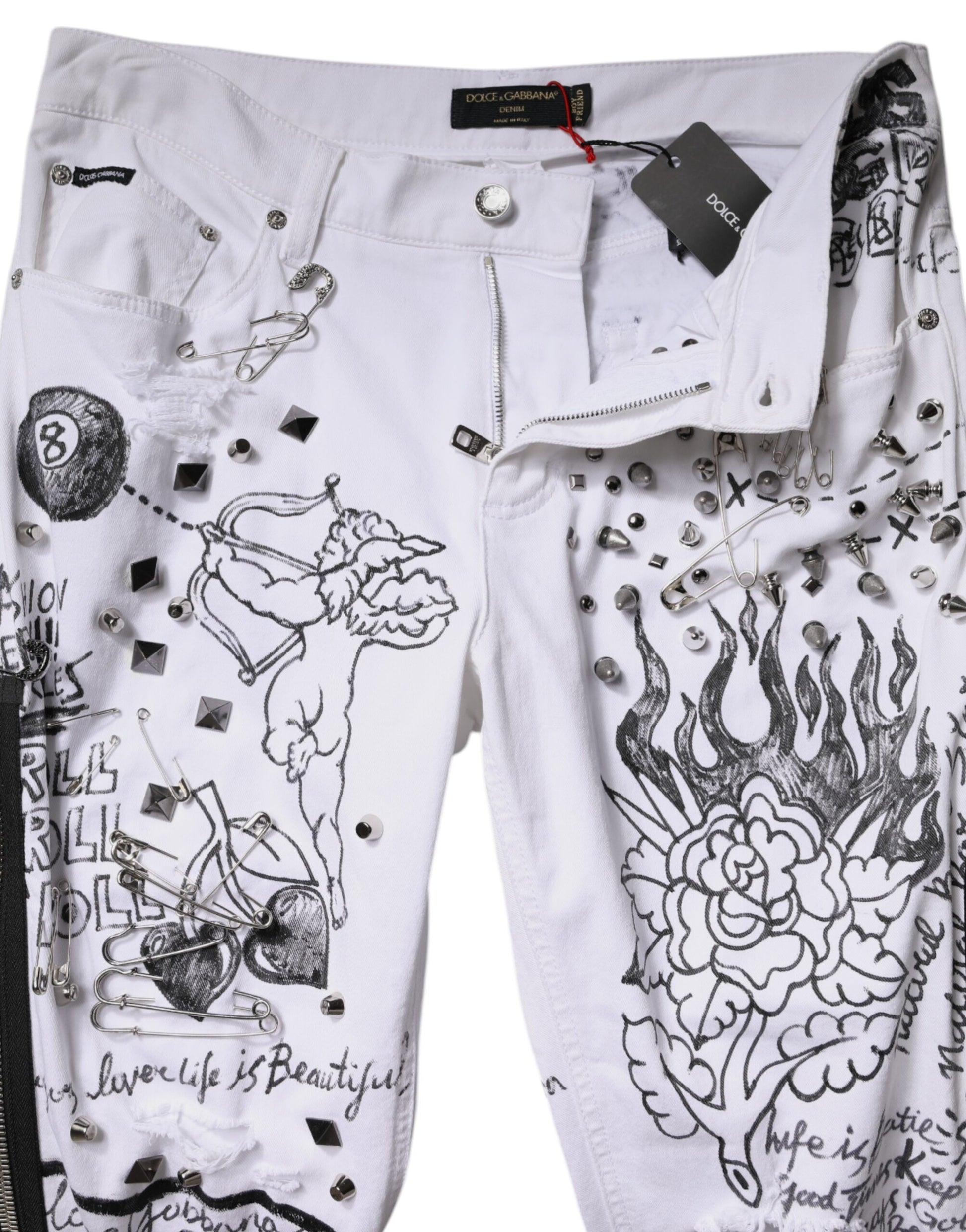 White Printed Embellished Skinny Denim Jeans