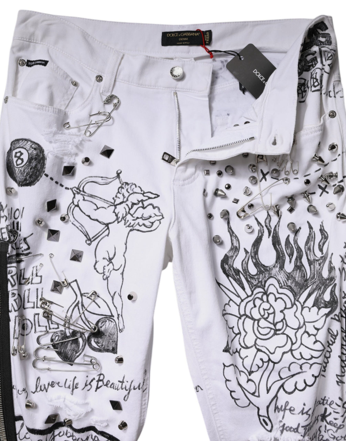 White Printed Embellished Skinny Denim Jeans