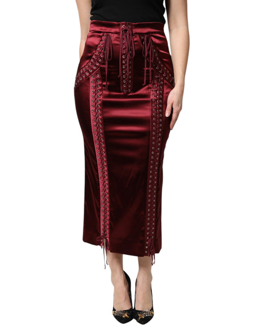 Burgundy High Waist Satin Corset Midi Skirt