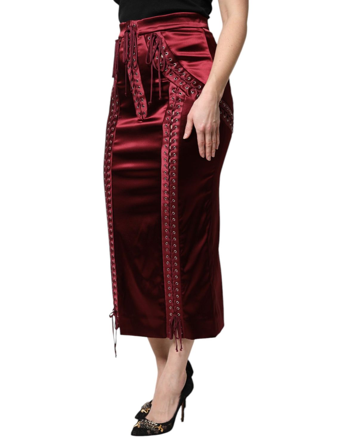 Burgundy High Waist Satin Corset Midi Skirt