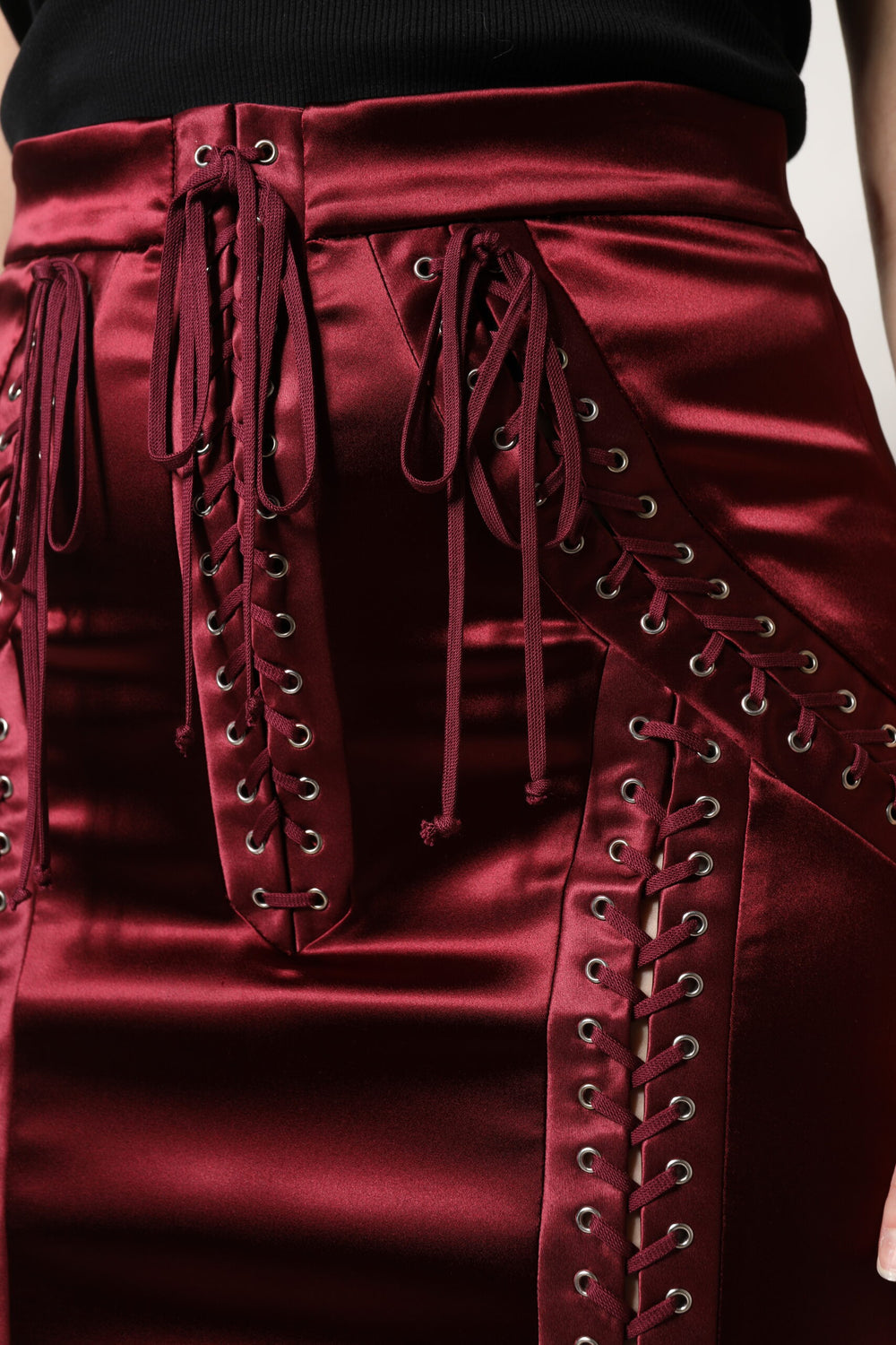 Burgundy High Waist Satin Corset Midi Skirt