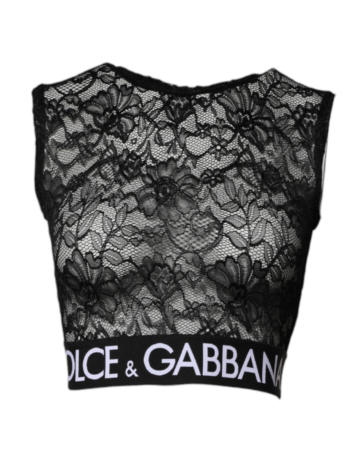 Black Nylon Floral Lace Sleeveless Crop Top