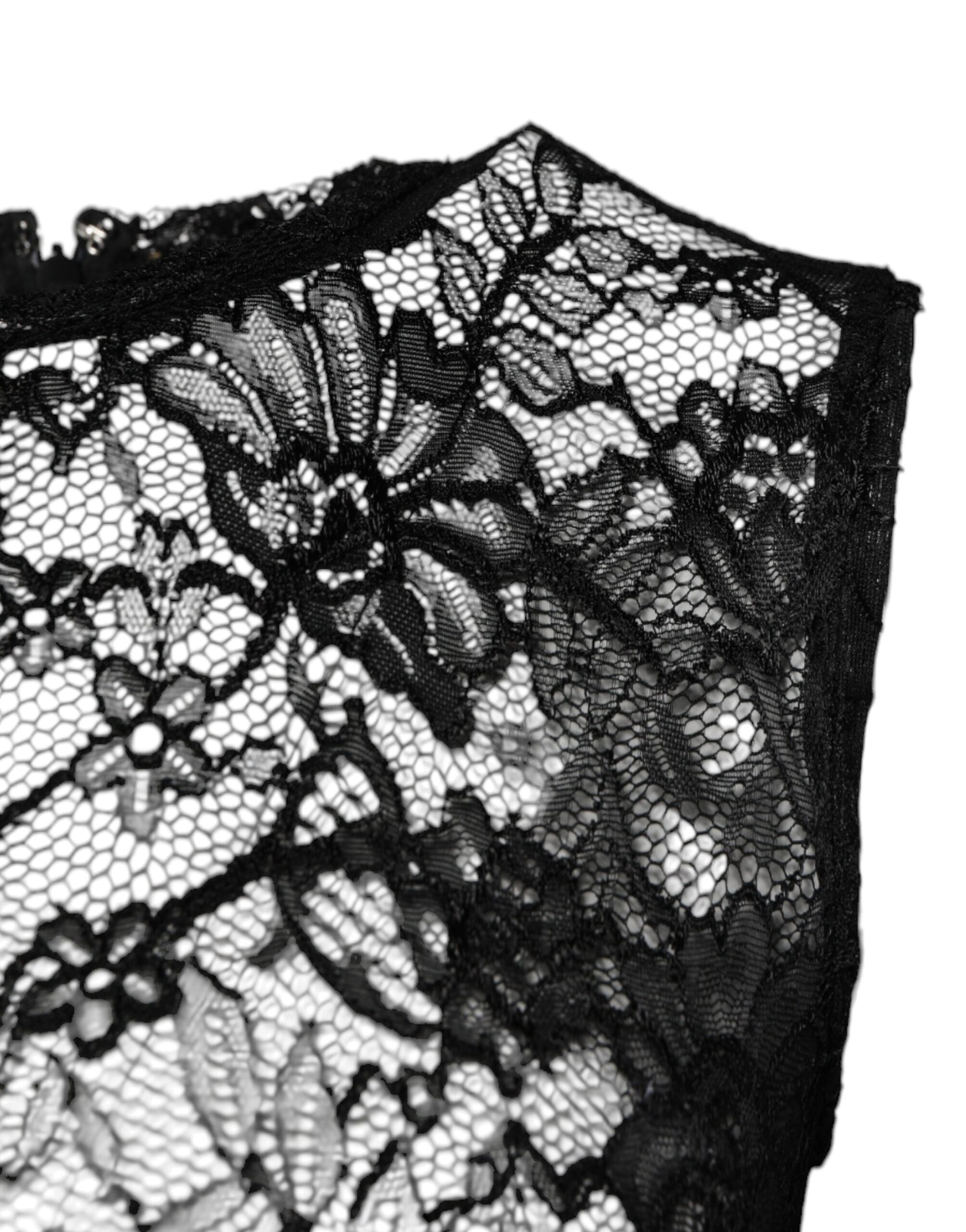 Black Nylon Floral Lace Sleeveless Crop Top