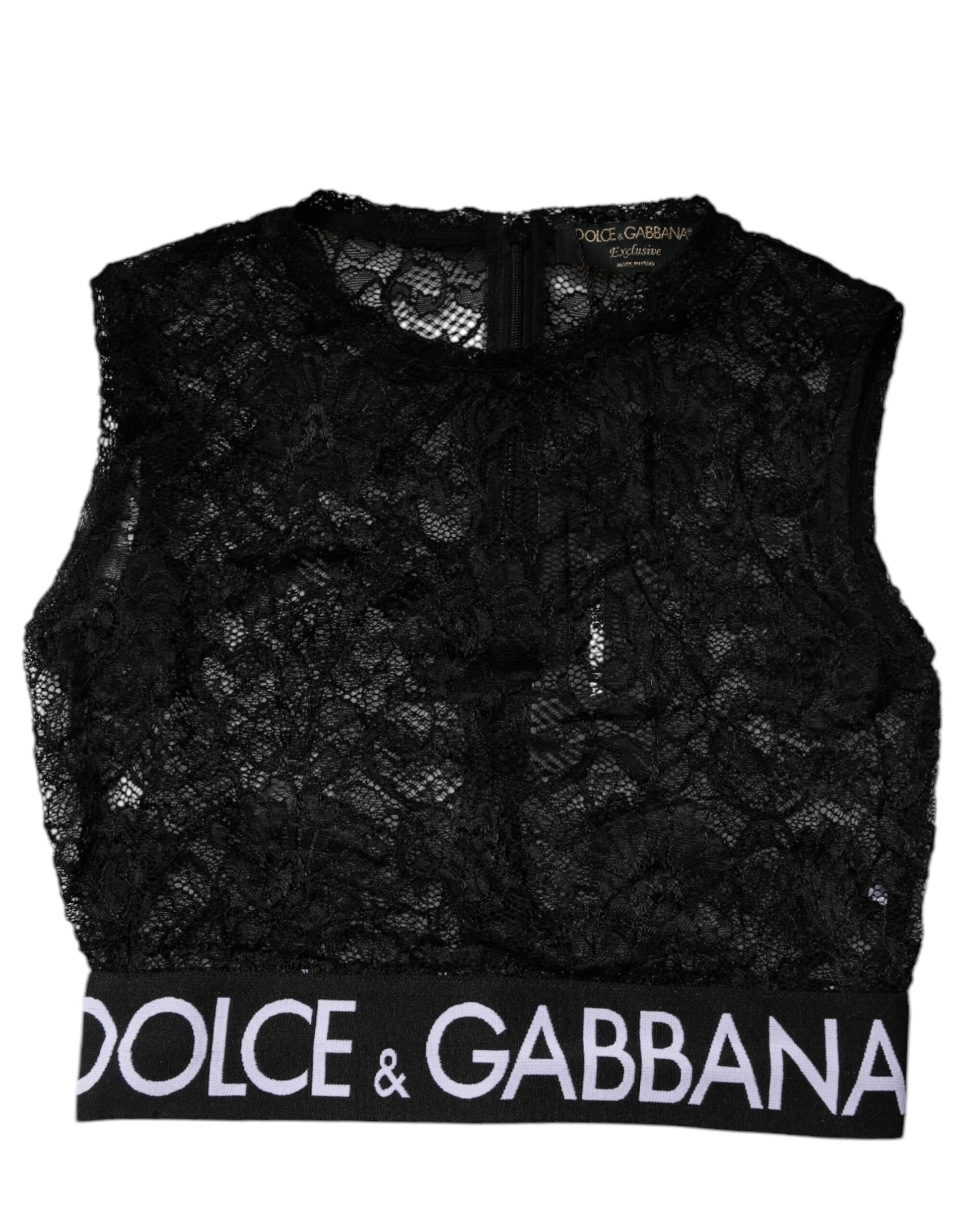 Black Nylon Floral Lace Sleeveless Crop Top