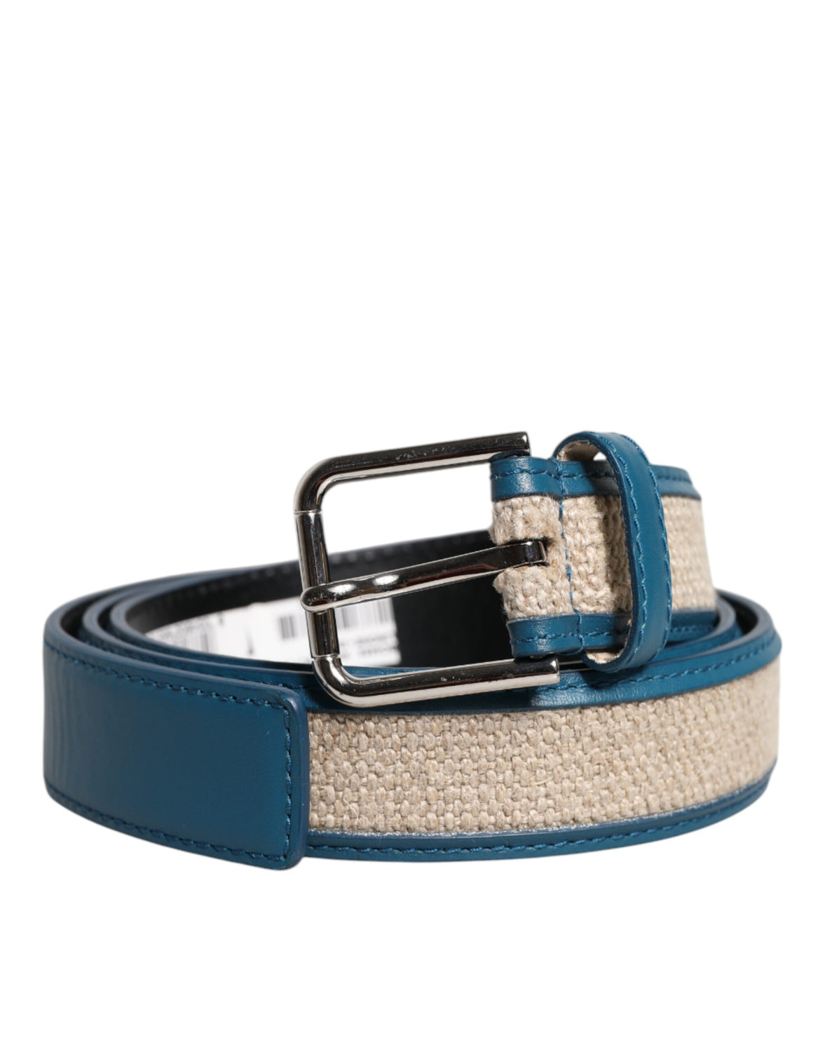 Blue Beige Leather Weaved Metal Buckle Belt