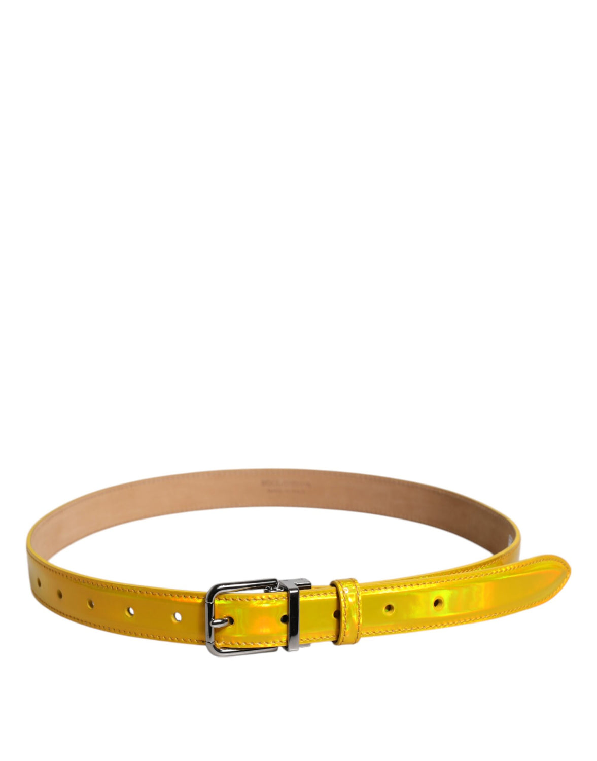 Metallic Yellow Leather Metal Logo Buckle Belt