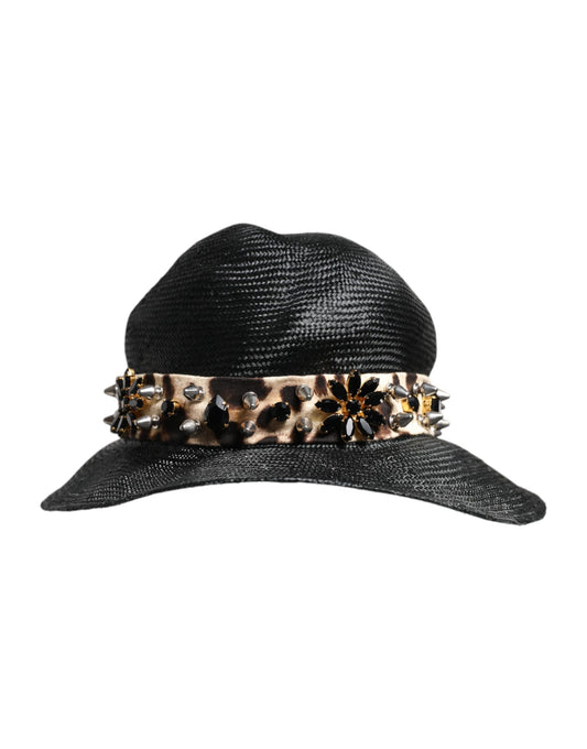 Black Straw Crystal Embellished Wide Brim Hat