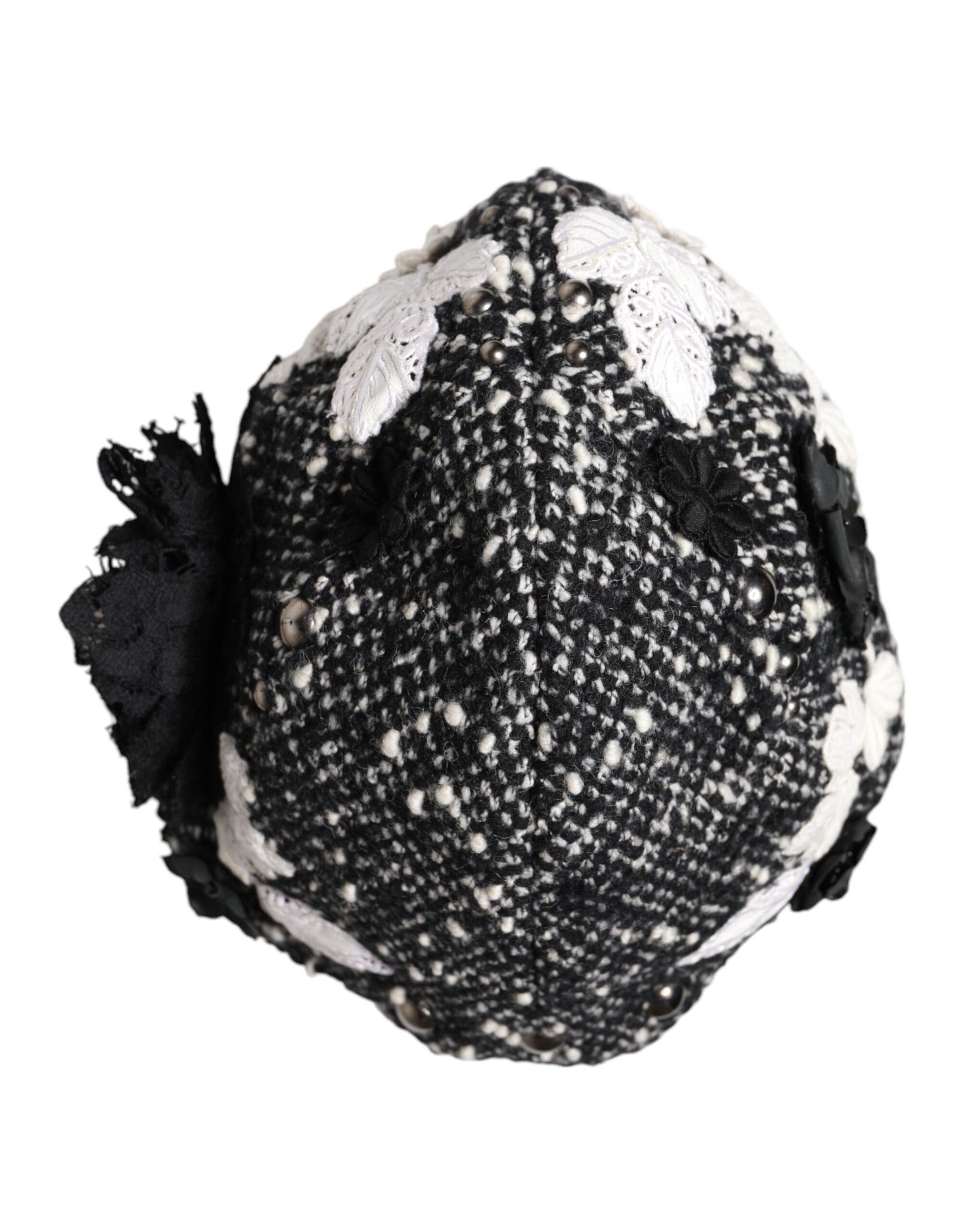 Black Wool White Floral Embellished Cloche Hat