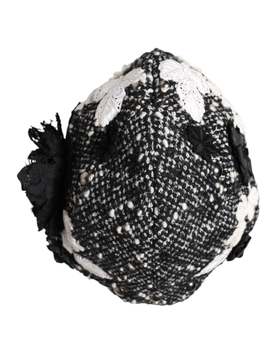Black Wool White Floral Embellished Cloche Hat