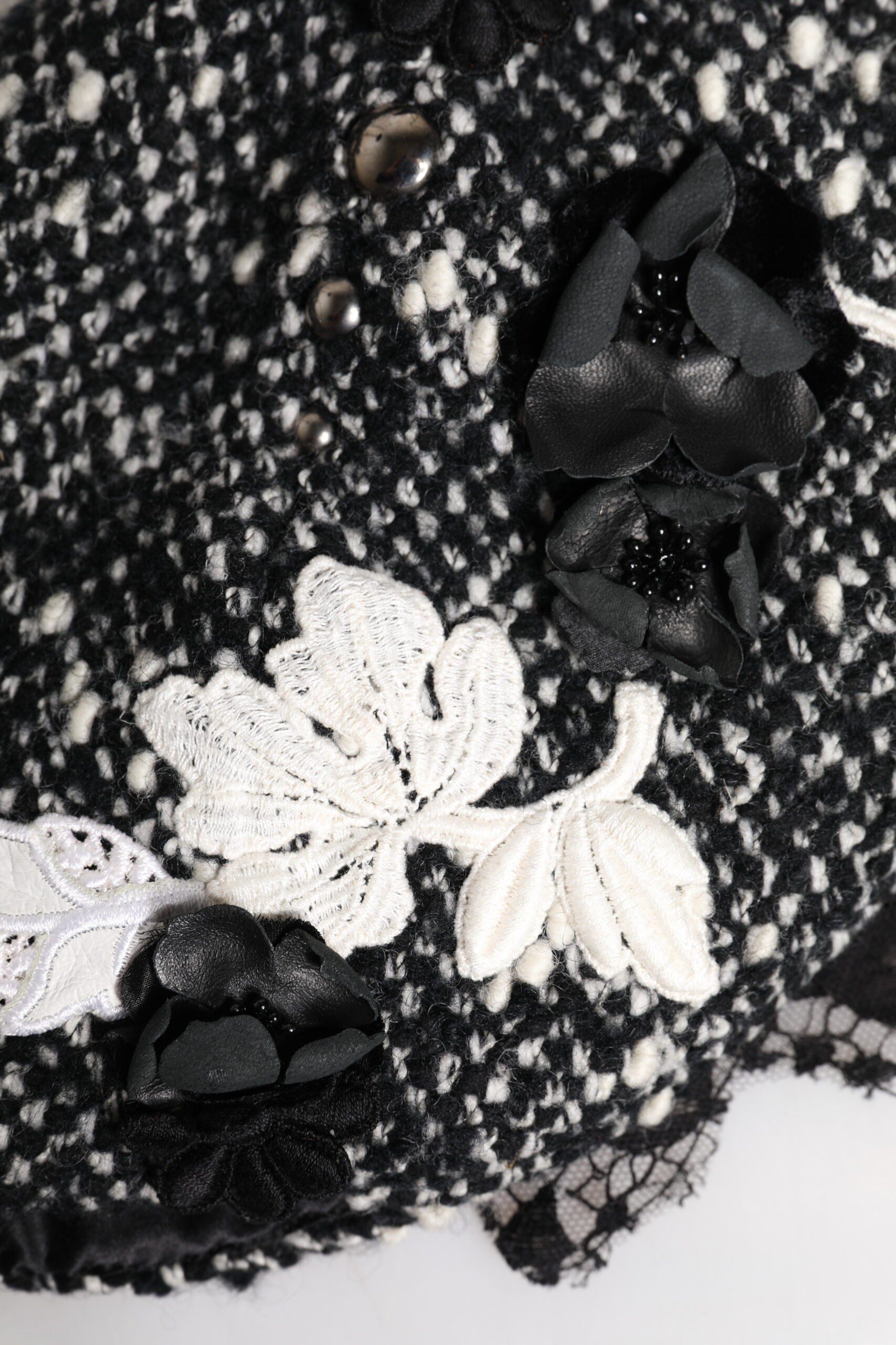 Black Wool White Floral Embellished Cloche Hat