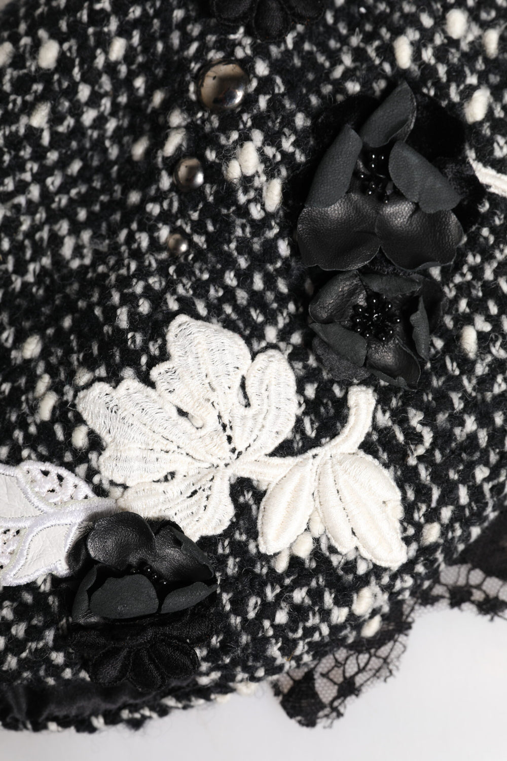 Black Wool White Floral Embellished Cloche Hat
