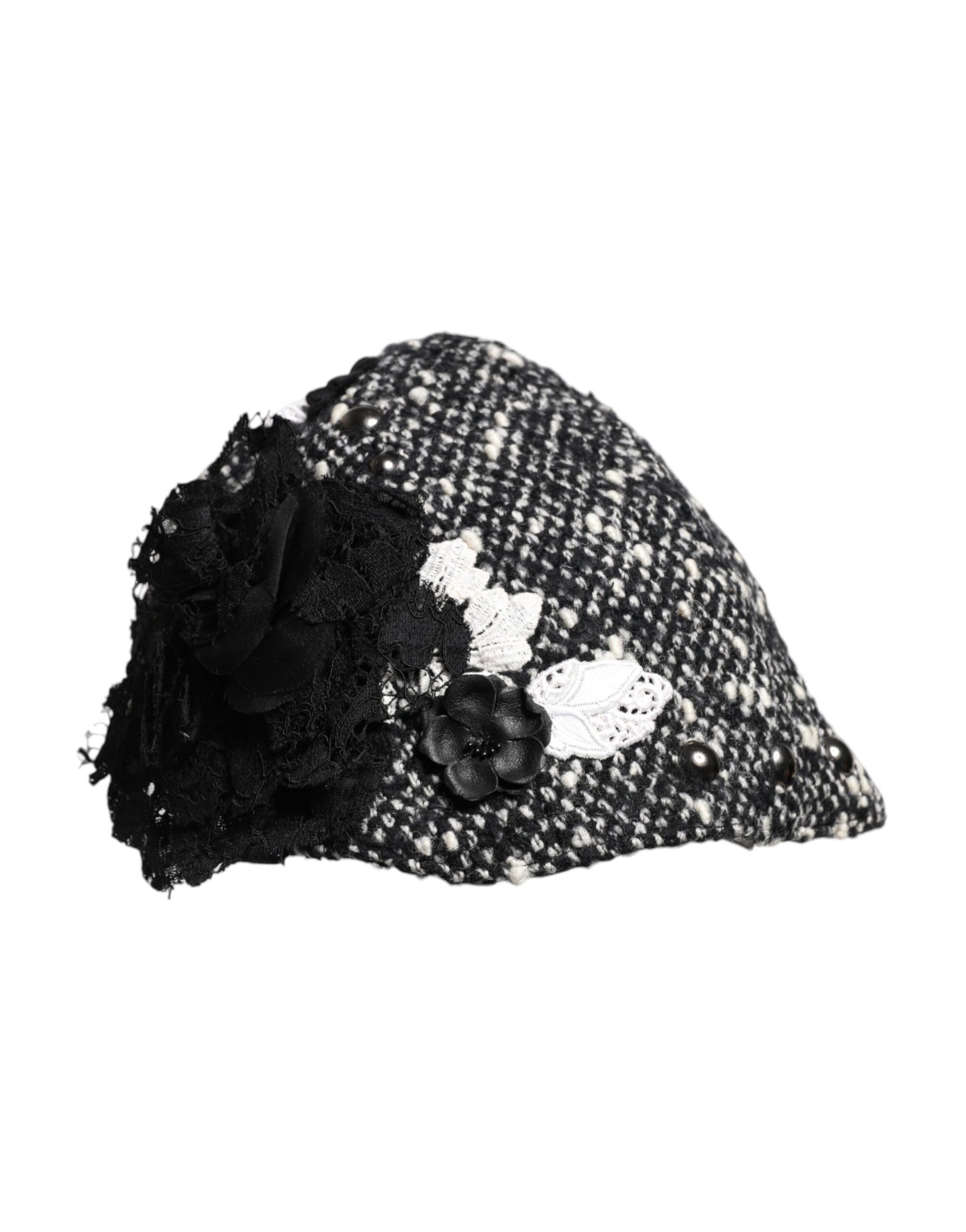 Black Wool White Floral Embellished Cloche Hat