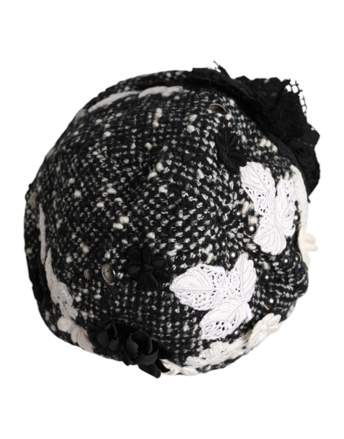 Black Wool White Floral Embellished Cloche Hat