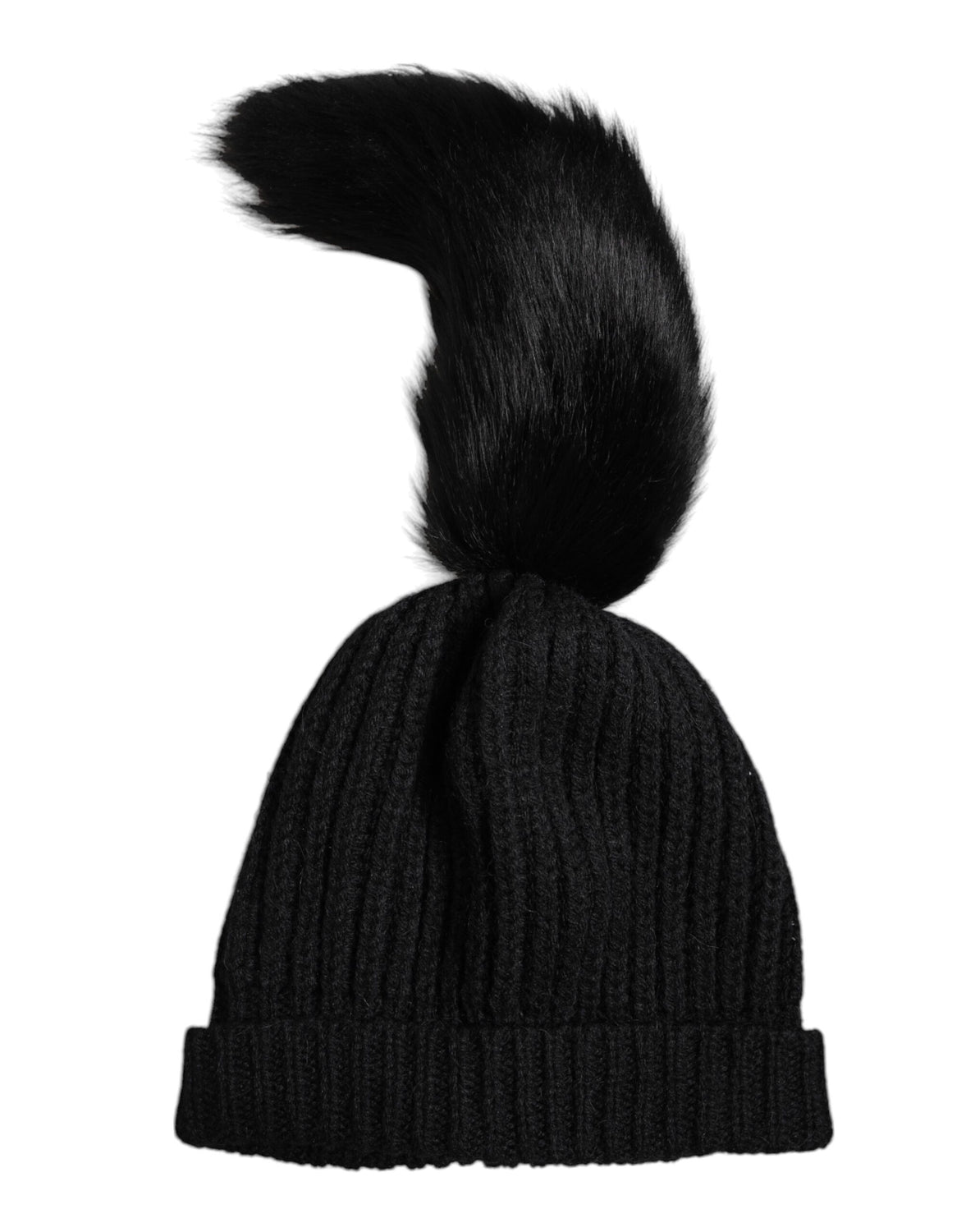 Black Acrylic Knitted Fur Winter Beanie Hat