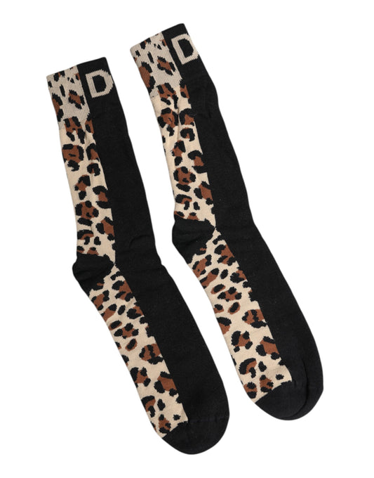Black Brown Leopard Print Nylon Mid Calf Socks