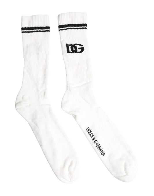 White Black DG Logo Print Stretch Mid Calf Socks