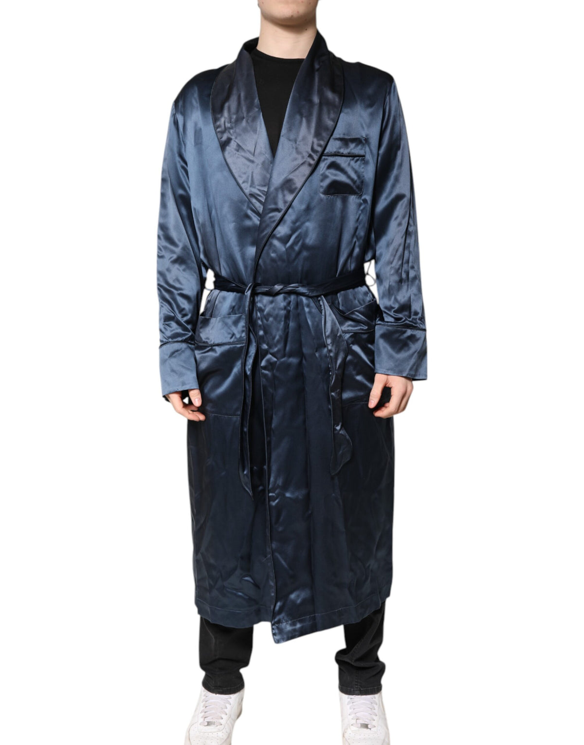 Blue Solid Silk Men Wrap Robe Coat Jacket