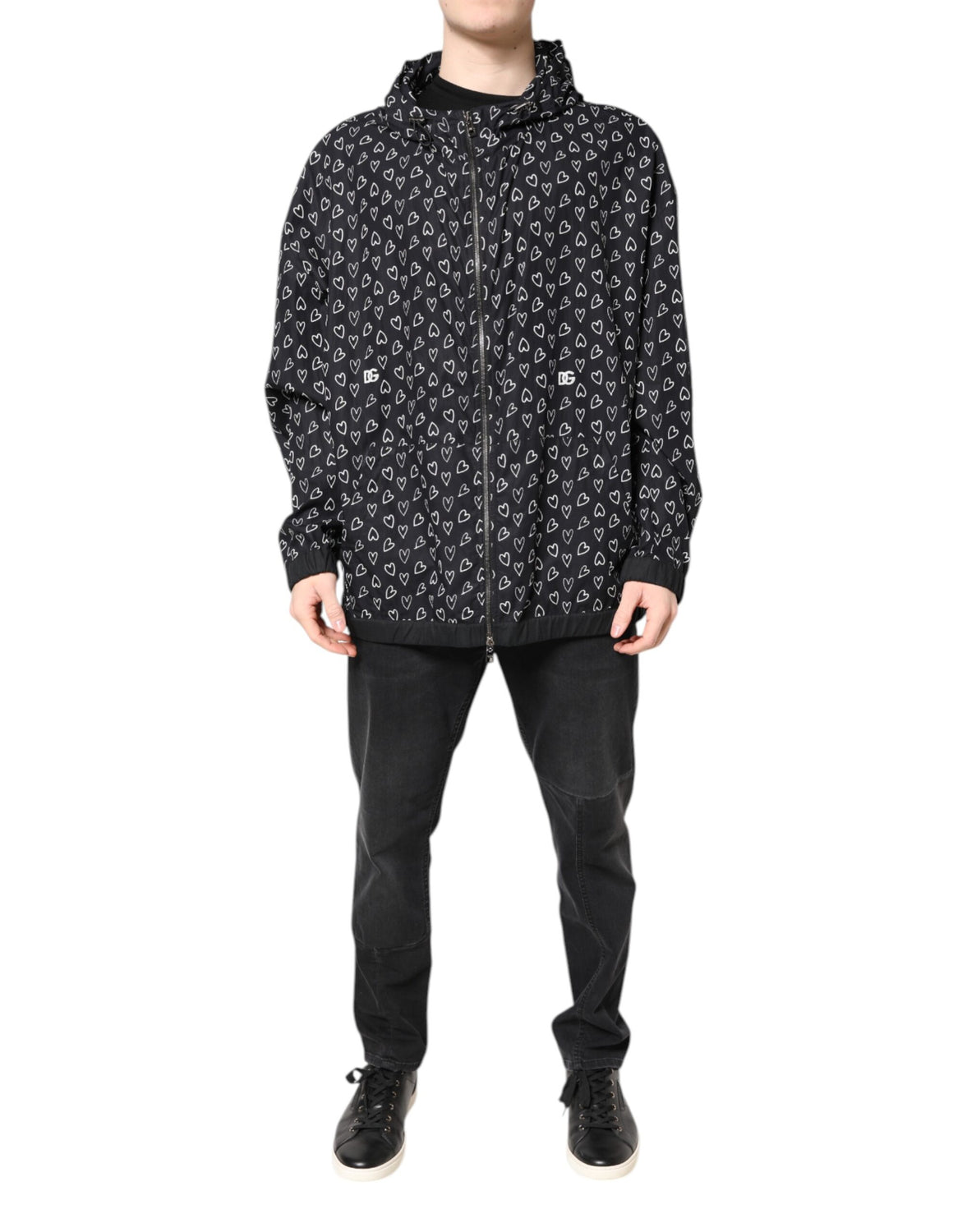 Black Heart Print Hooded Windbreaker Jacket