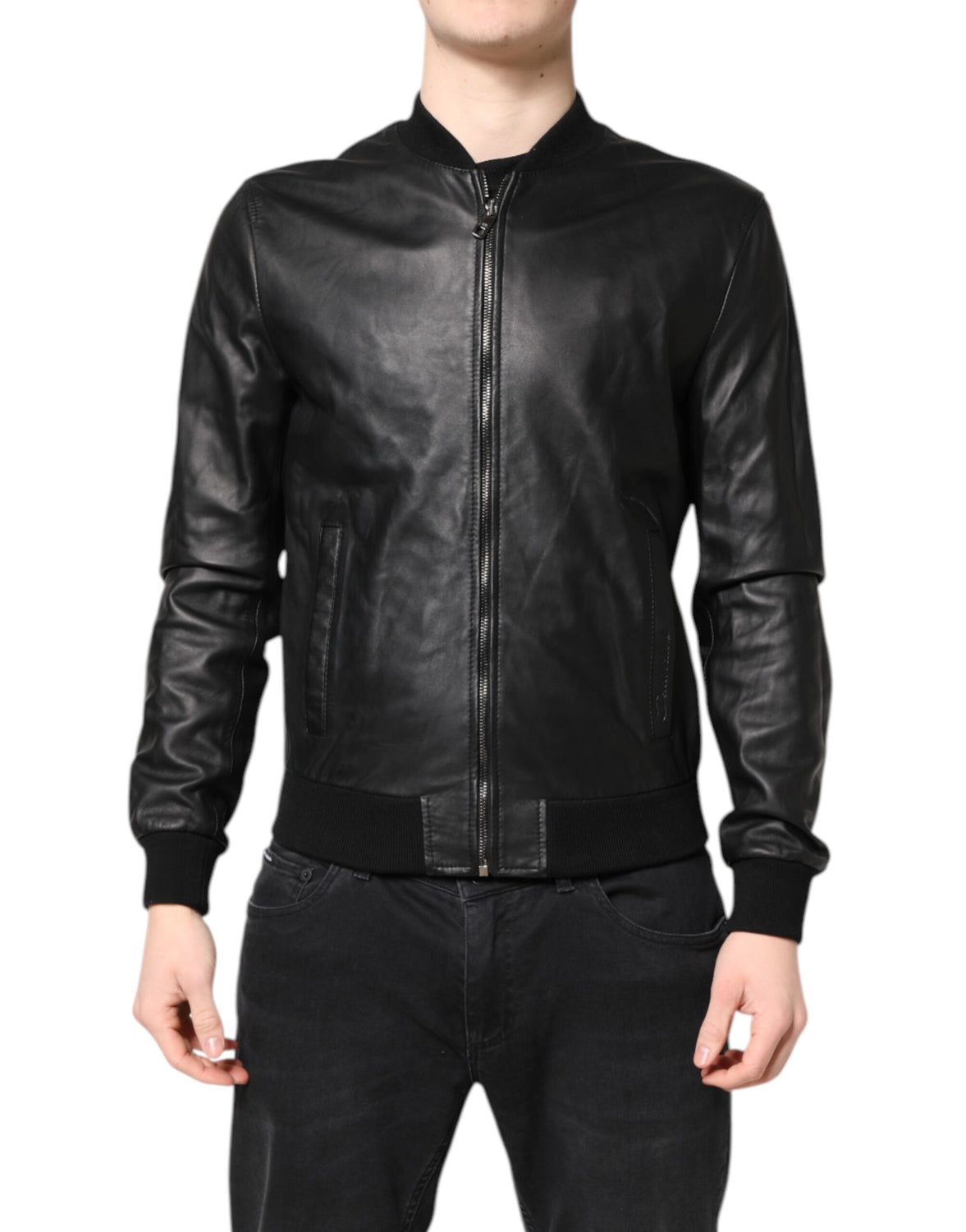 Black Lambskin Leather Full Zip Biker Jacket