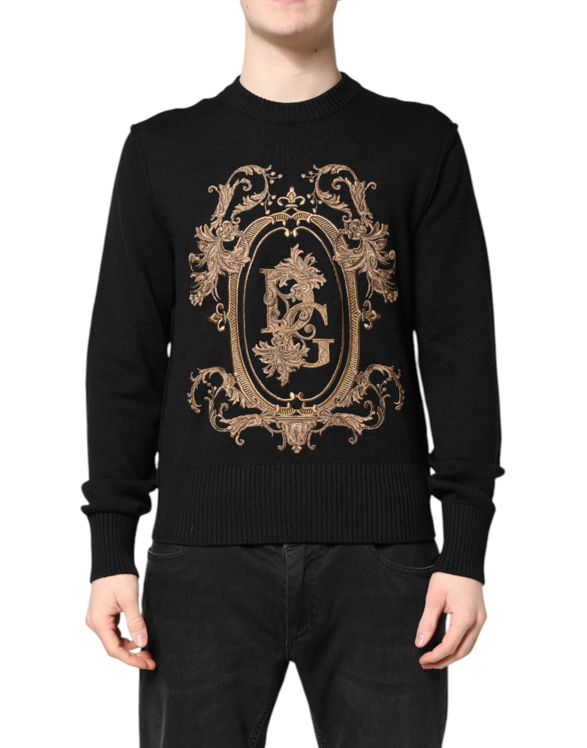 Black Logo Embroidery Knit Pullover Sweater