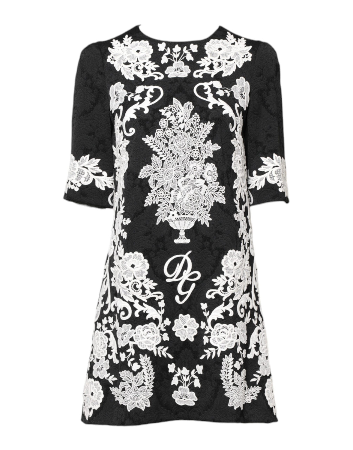 Black Floral Lace Short Sleeves Mini Dress