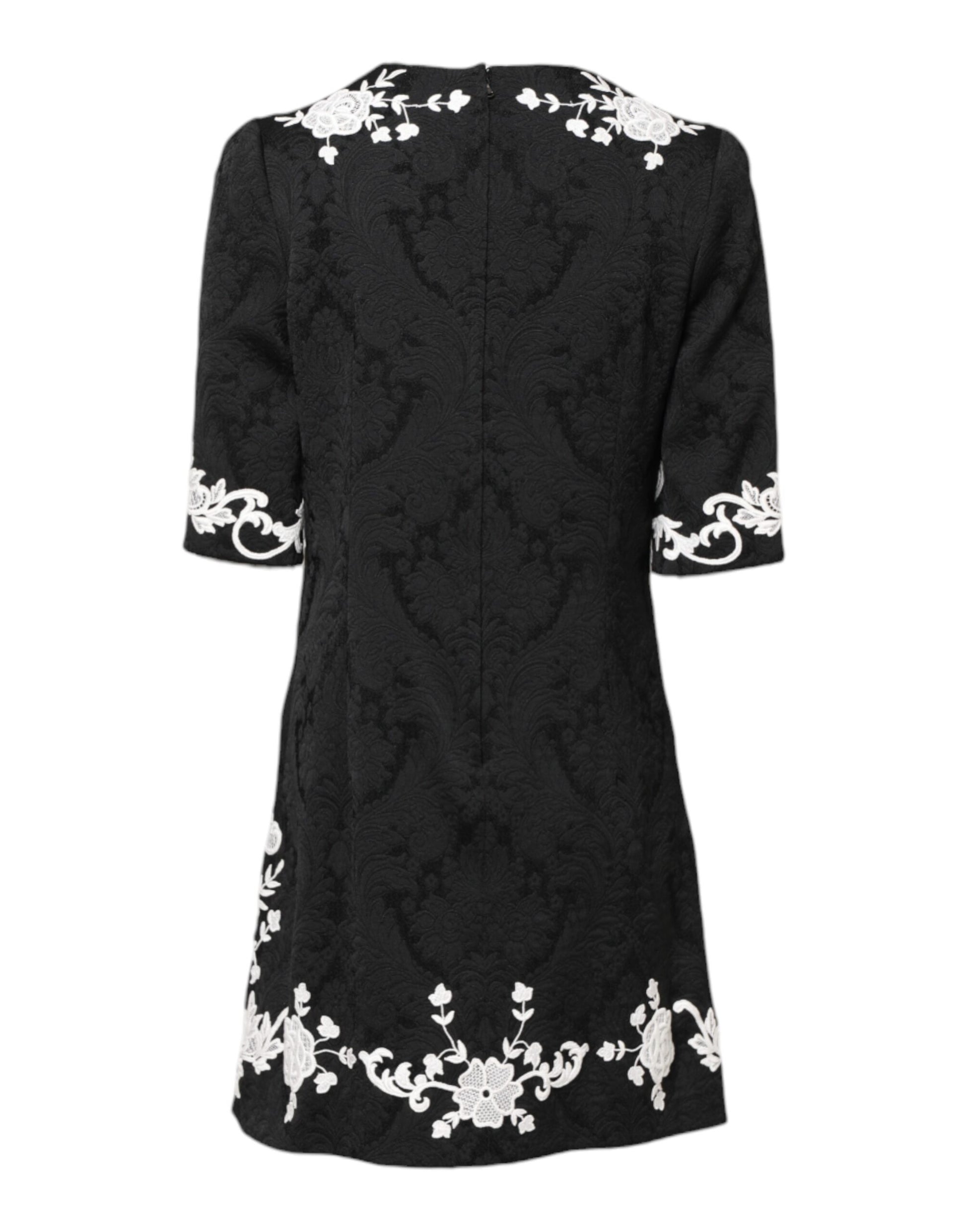 Black Floral Lace Short Sleeves Mini Dress