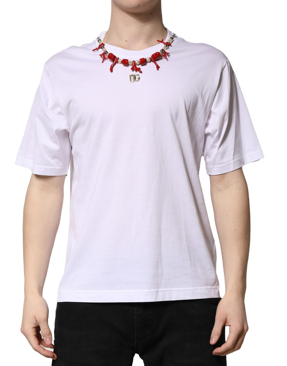 White Embellished Cotton Crew Neck T-shirt