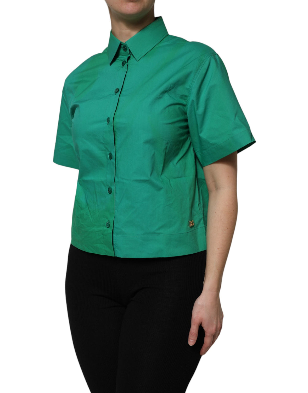 Green Collared Cotton Short Sleeves Blouse Top