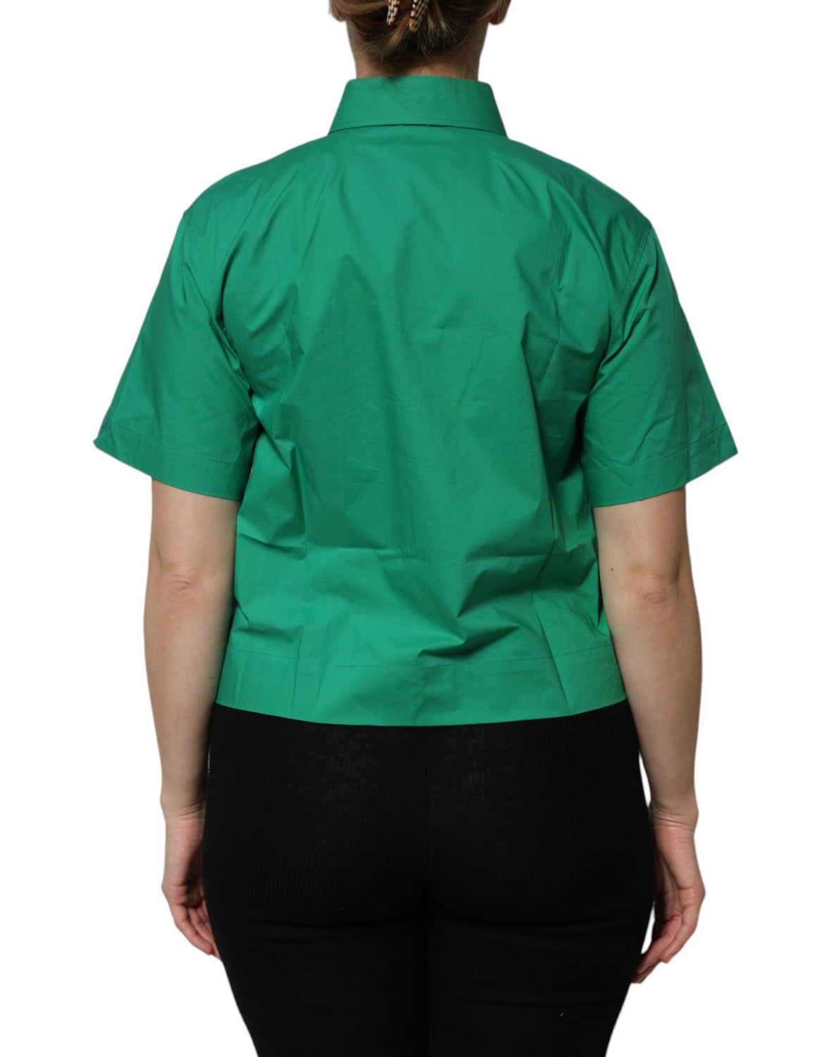 Green Collared Cotton Short Sleeves Blouse Top
