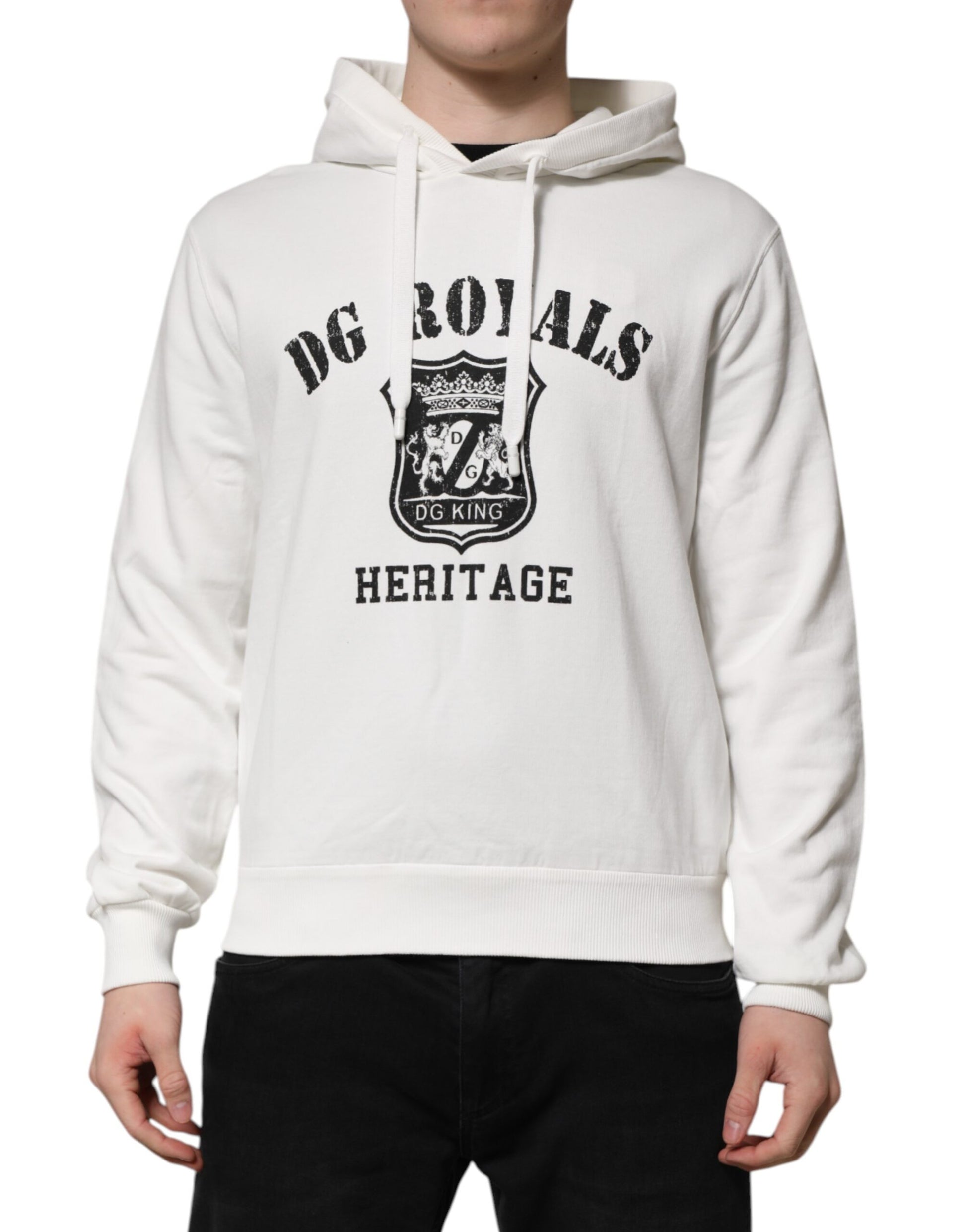 White Cotton DG ROYAL Print Hooded Sweater
