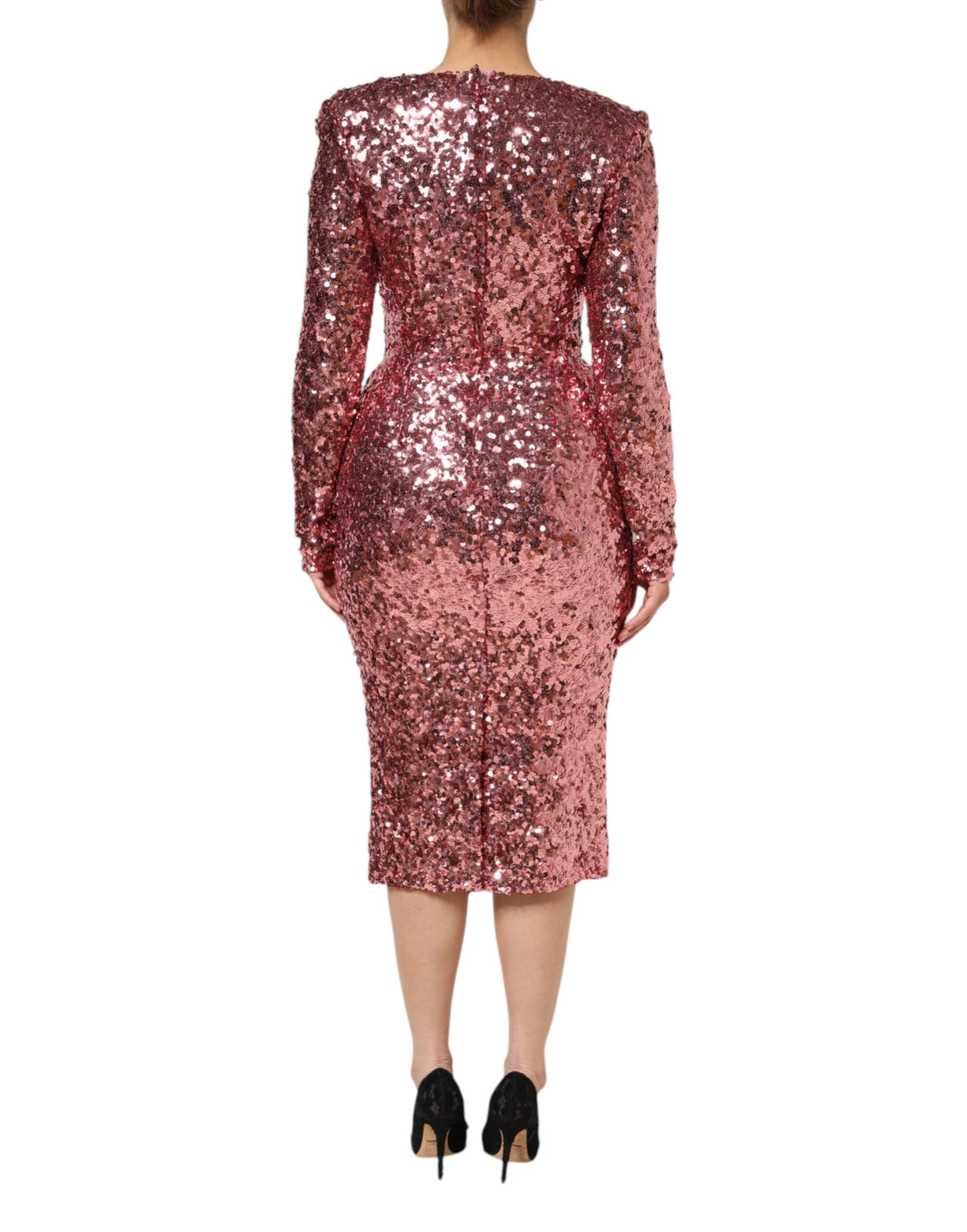 Pink Sequin Statement Nylon Midi V-Neck Dress