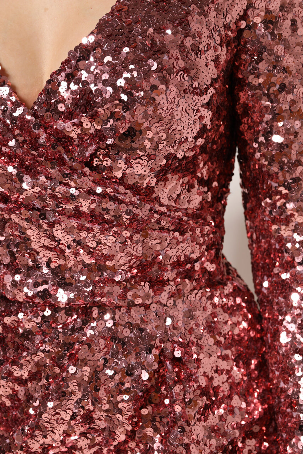 Pink Sequin Statement Nylon Midi V-Neck Dress