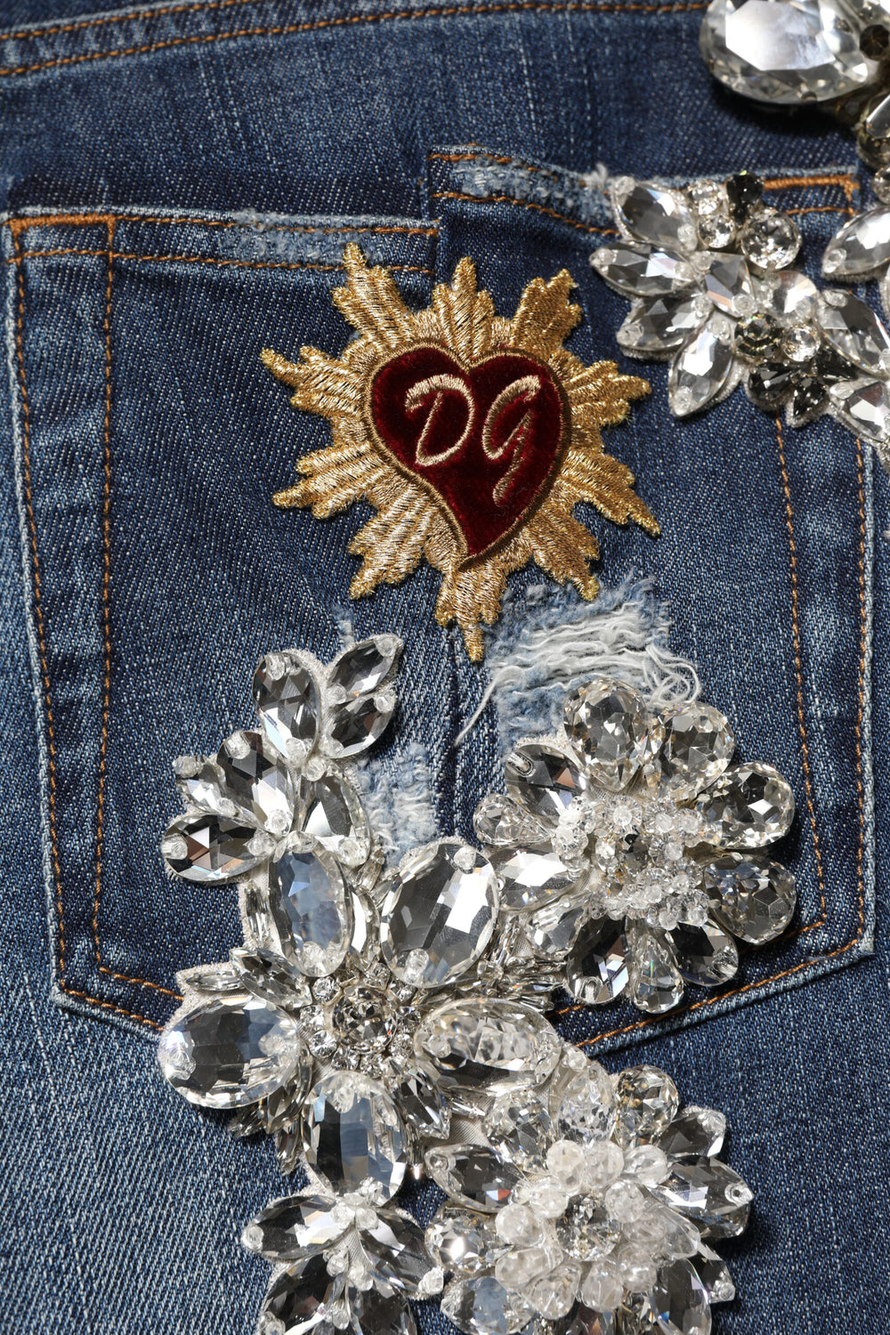 Blue Cotton Rhinestone Embellish Denim Jeans