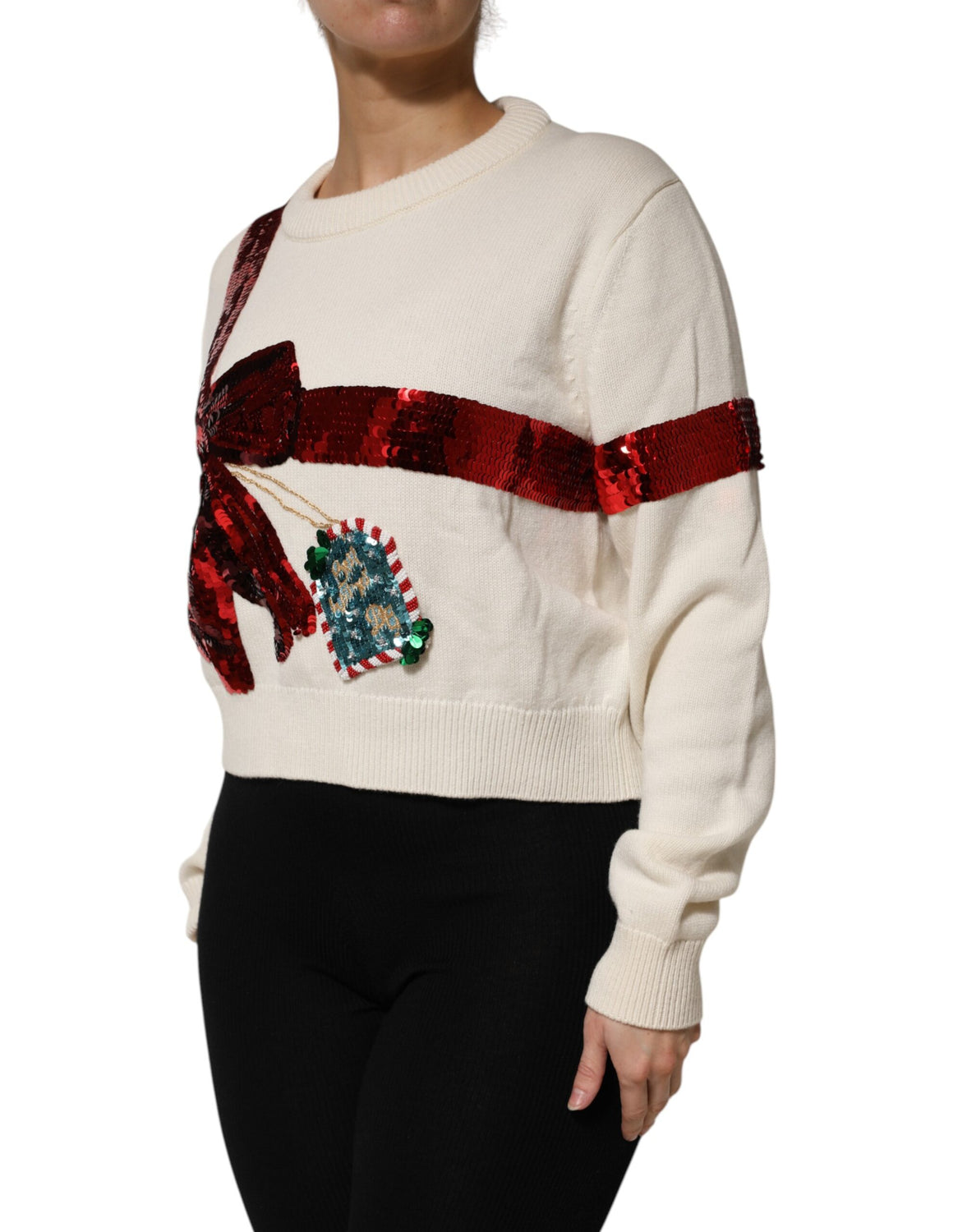 White Sequined Crew Neck Pullover Sweater