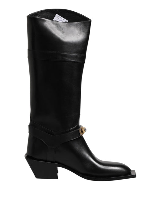 Black Calfskin Leather High Boots Shoes
