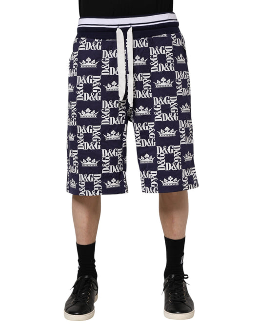 Cotton Blue Crown Logo Print Bermuda Shorts
