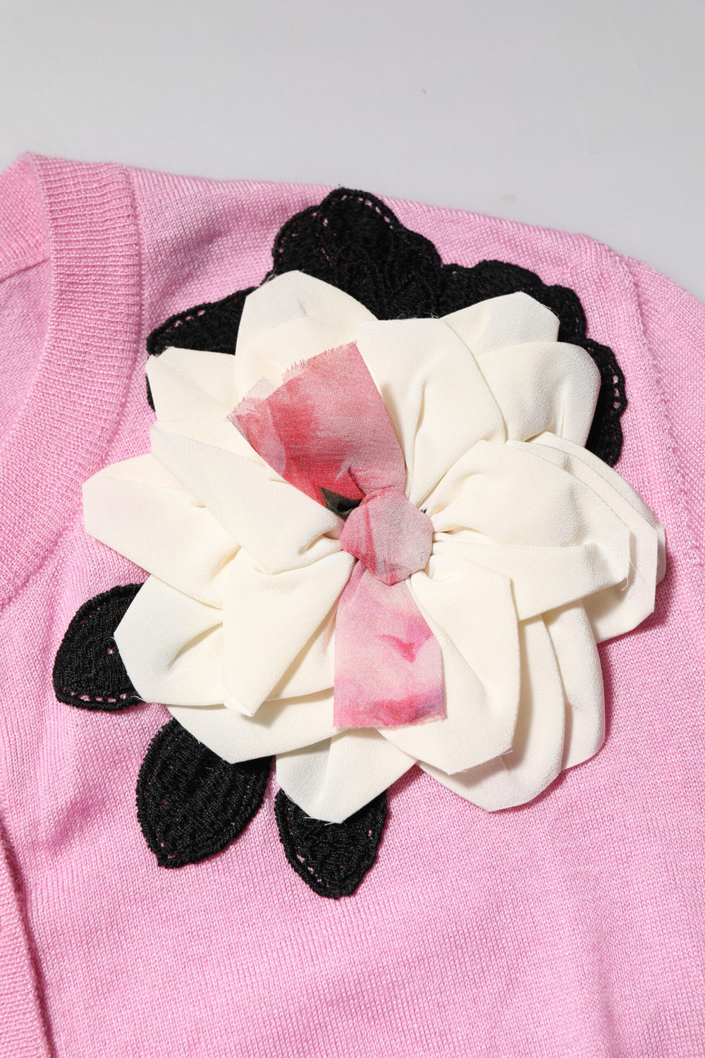 Pink Floral Detailing Cardigan Sweater