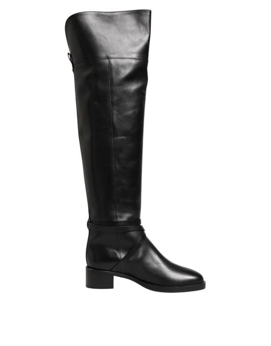 Black Leather Buckled High Boots Shoes
