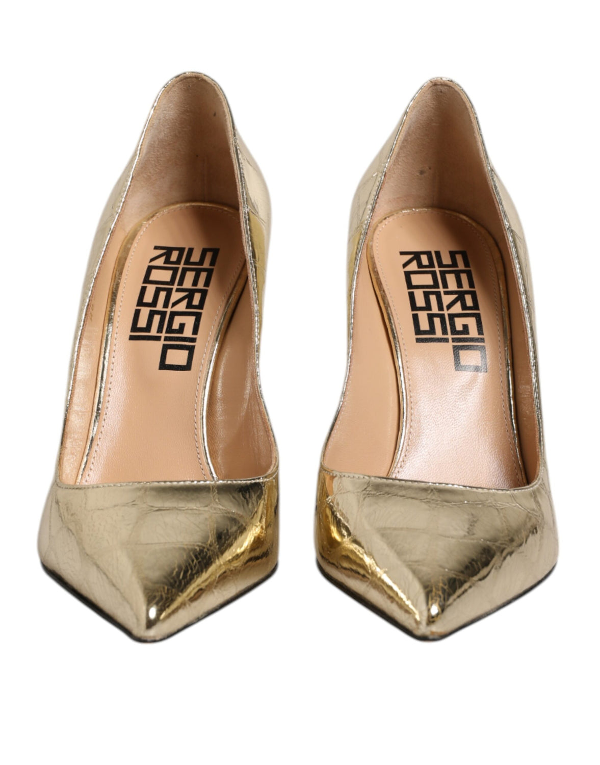 Gold Leather Pointed Toe Block Heels Shoes